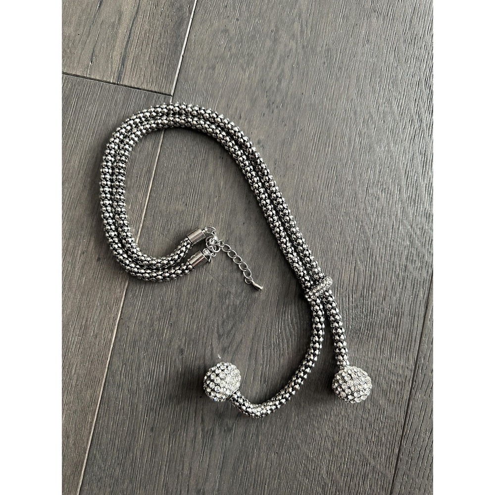 Silver Tone Lariat Necklace Womens Adjustable Rope Chain Pave Crystal Balls